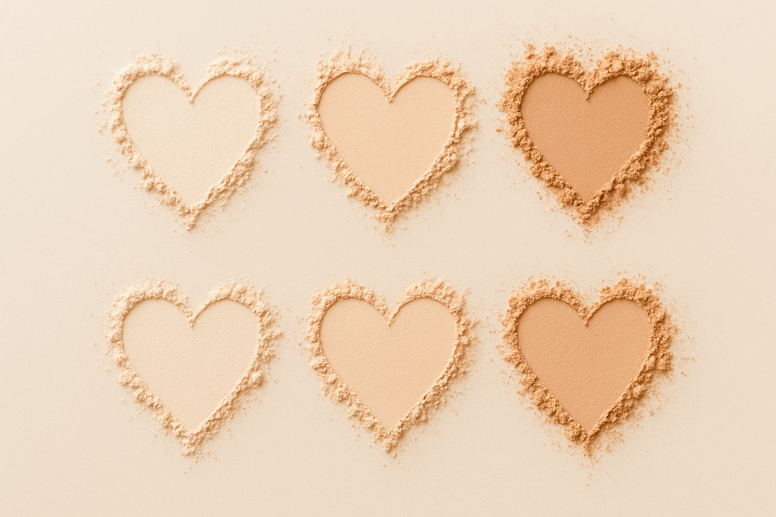 Set of heart-shaped makeup powders on a beige background