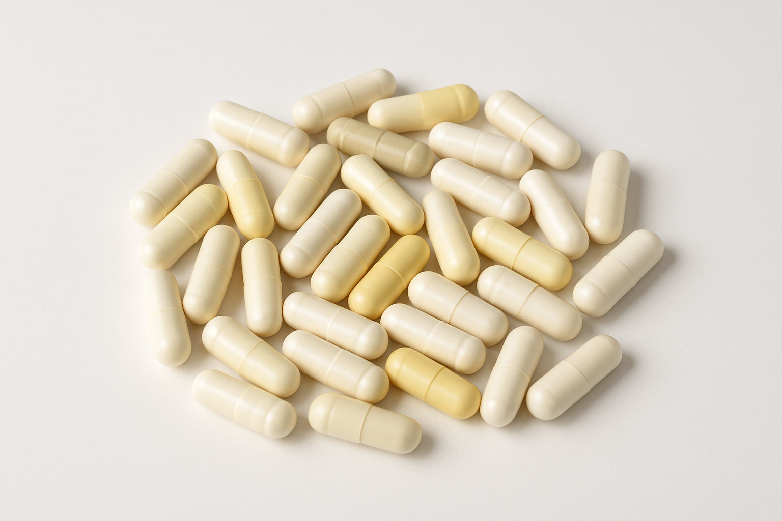 a pile of light coloured capsules spread out