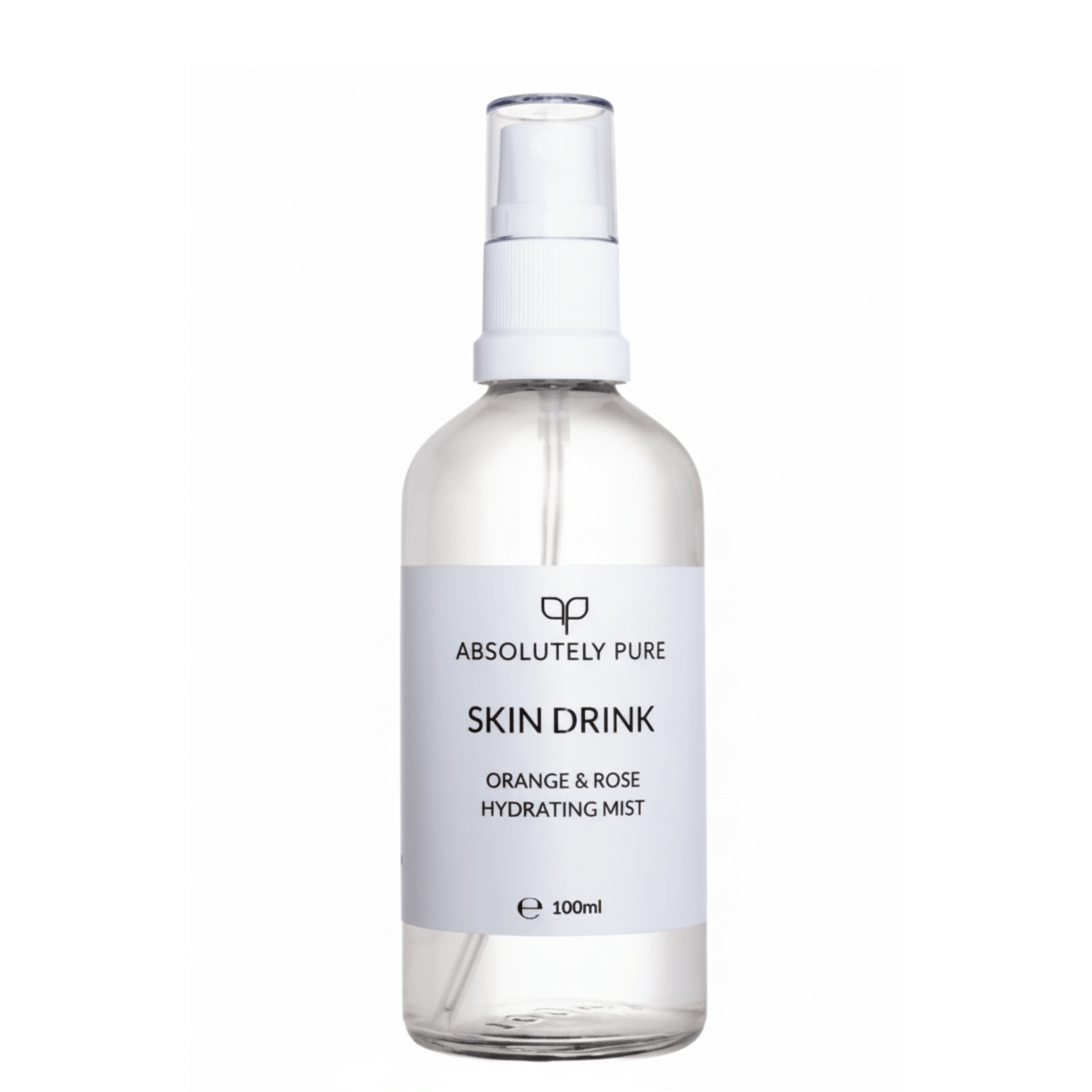 Absolutely Pure brand Skin Drink Orange & Rose Hydrating Mist in a clear 100ml bottle with white pump sprayer and label.