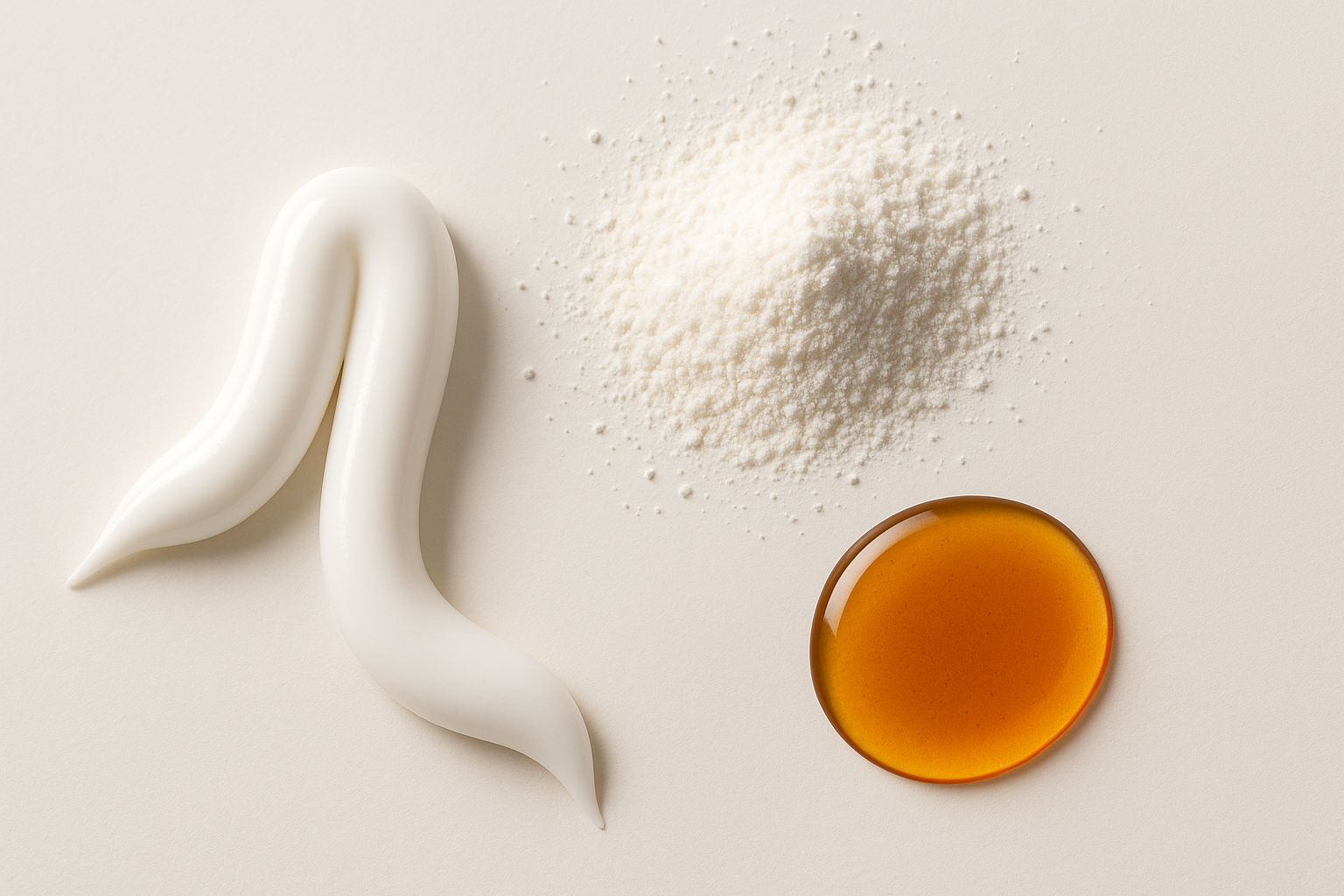 White toothpaste, brown oil, and white  tooth powder on a light beige background